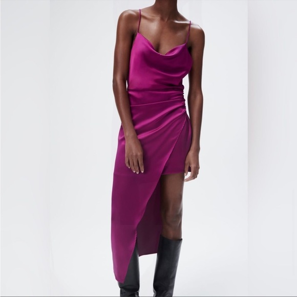 Zara SATIN EFFECT ASYMMETRIC DRESS New - Picture 6 of 7